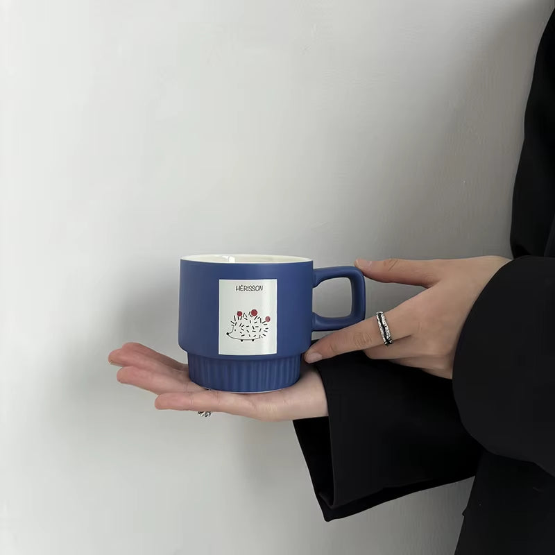Wholesale Blue Hedgehog Ceramic Coffee Cups Ribbed Base Square Handle Porcelain Food Grade Mugs OEM Custom Logo Bulk Order Gift