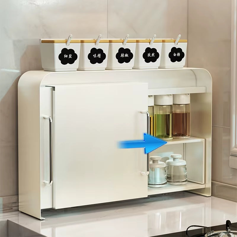 Double-Layer Metal Kitchen Organizer Rack for Tableware and Spices with Side Pull Door Storage