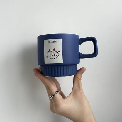 Wholesale Blue Hedgehog Ceramic Coffee Cups Ribbed Base Square Handle Porcelain Food Grade Mugs OEM Custom Logo Bulk Order Gift