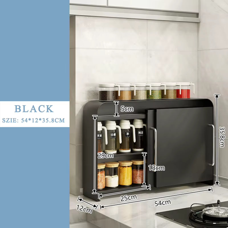 Double-Layer Metal Kitchen Organizer Rack for Tableware and Spices with Side Pull Door Storage