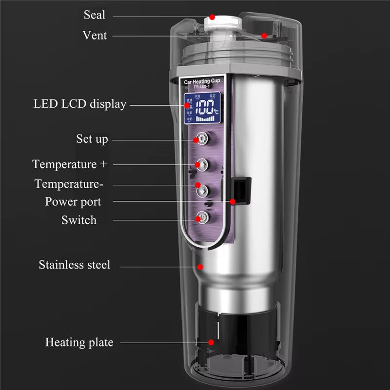 Portable Electric Car Kettle with Adjustable Temperature Control and Dry Burn Protection for Coffee and Tea