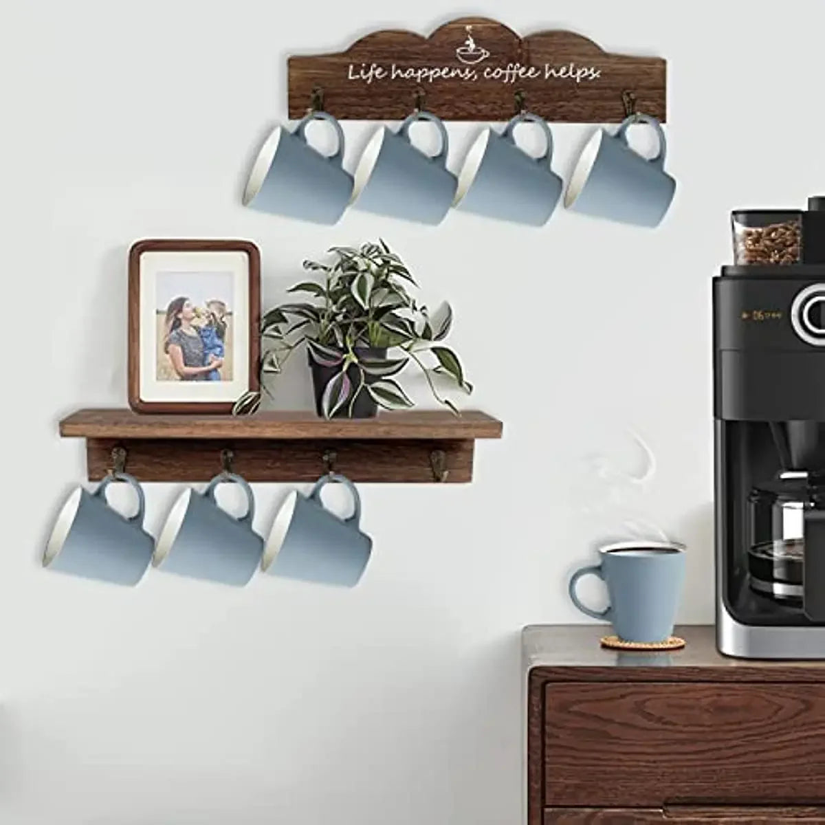 Set of 2 Farmhouse-Style Coffee Mug Holders for Kitchen Wall - Organizer and Display Solution for Coffee Stations and Office Decor