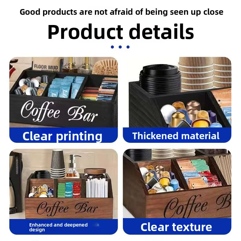 Modern Minimalist Wooden Coffee Cup and Teabag Storage Box with Dividers for Office Desktop Organization
