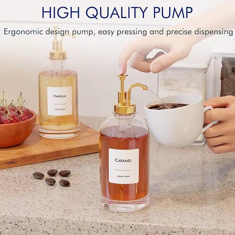 16.9 Oz 500Ml Coffee Syrup Dispenser Glass Bottles with Gold Pumper and Syrup Labels Precise Dispensing and Stylish Addition