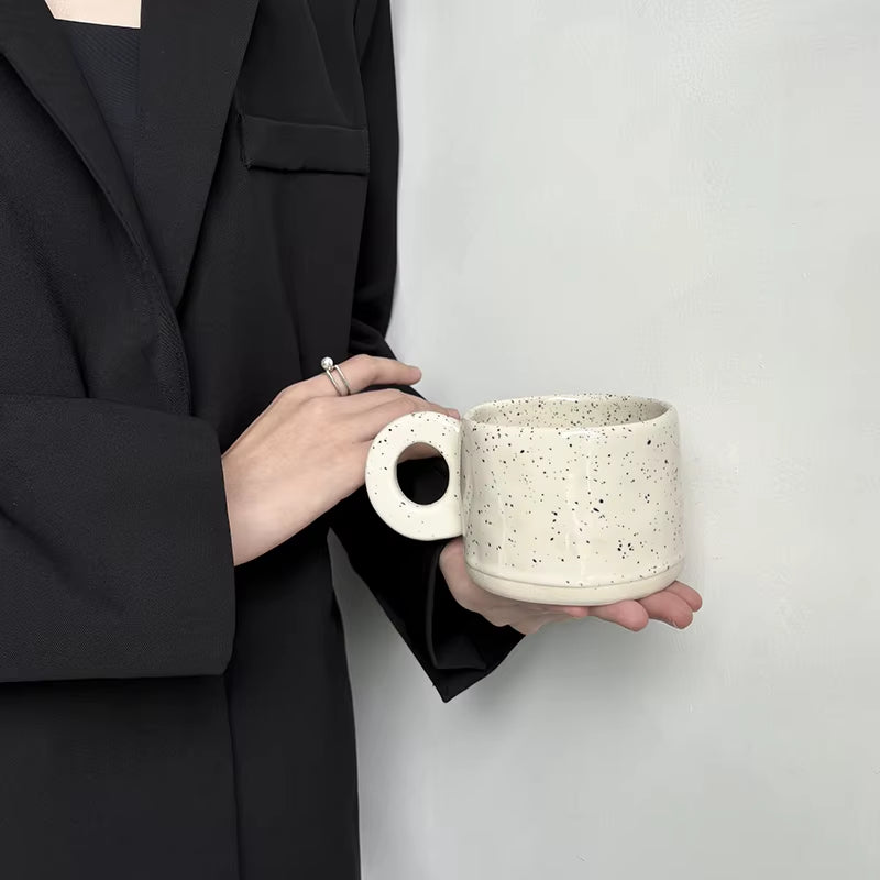Bloomsip Nordic Speckled Ceramic Funny Coffee Cups Ring Handle Ink Dot Porcelain Food Grade Mug Wholesale Custom Logo Aesthetic