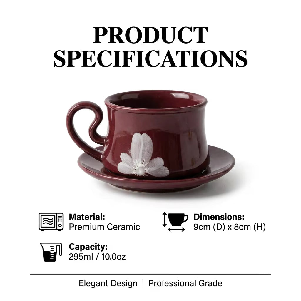 Bloomsip Nordic Burgundy Floral Porcelain Food Grade Coffee Mugs Saucer Set Gift Box Reusable Heart Handle Wholesale Custom Logo
