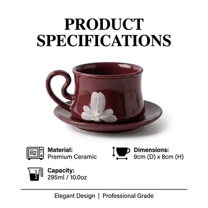Bloomsip Nordic Burgundy Floral Porcelain Food Grade Coffee Mugs Saucer Set Gift Box Reusable Heart Handle Wholesale Custom Logo