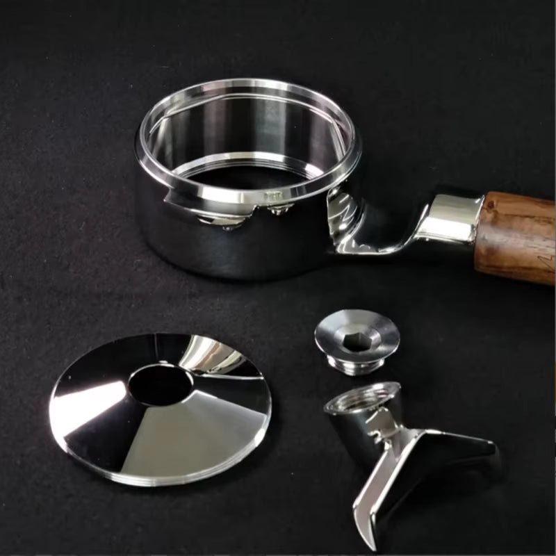 Portafilter with Walnut Handle and Interchangeable Bottom (Bottomless & Spouted) - E61 Espresso Barista Tools