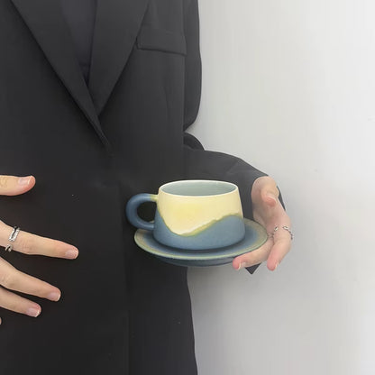 Bloomsip Nordic Porcelain 250ml Coffee Mug and Saucer Set with Blue Reactive Glaze - Food Grade Espresso and Tea Supplies, Wholesale