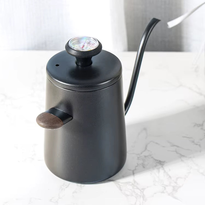 350Ml Short Wooden Handle Double Wall Stainless Steel Coffee Kettle with Thermometer Pour over Gooseneck Kettle Coffee Kettle