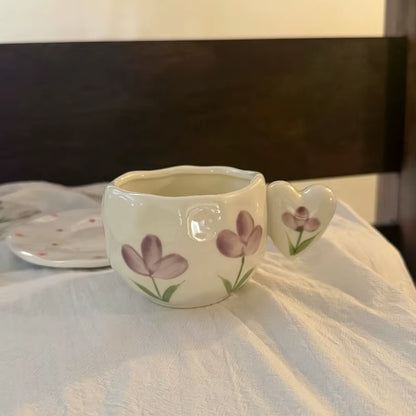 Ins Korean Style Hand-Painted Irregular Ceramic Coffee Cup Heart Shape Handle Latte Cup High-Value Breakfast Cupcake Tool