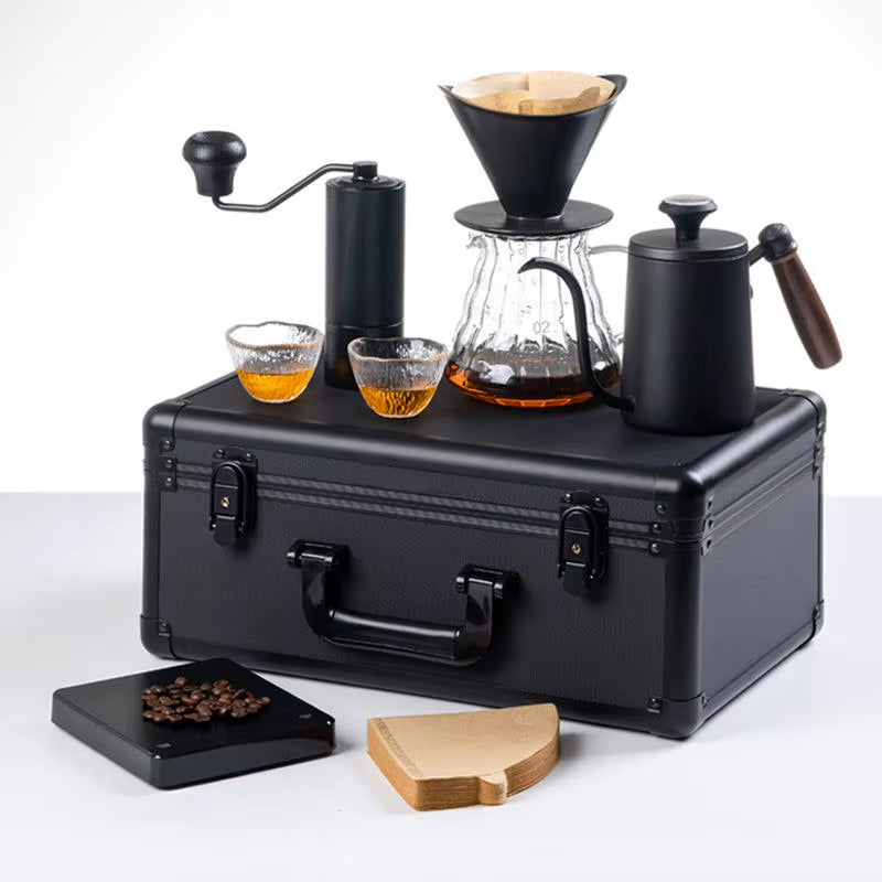 Premium Hand Pour Over Coffee Maker Set with Grinder and Portable Aluminum Travel Case - Minimalist Design