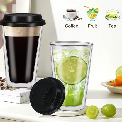 Double Wall Heat-Resistant Glass Coffee Cup with Black Silicone Leak-Proof Lid, Ideal for Car Cup Holders