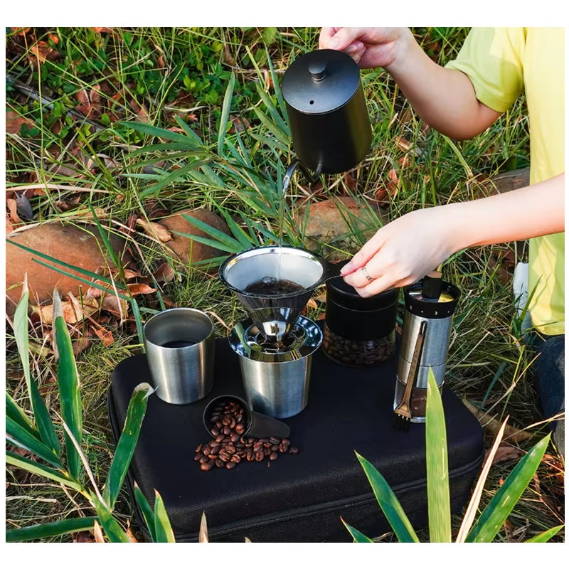 8PCS Portable Pour over Coffee Maker Kit Travel Camping Gift Box Set Stainless Steel Components Ideal for Coffee Lovers Outdoor