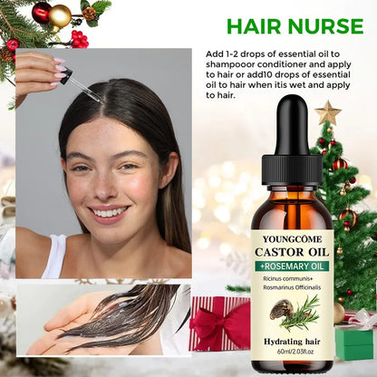 Castor Oil and Rosemary Oil Blend for Improved Hair Growth, Thickness, and Luster - Minimizes Hair Loss and Split Ends