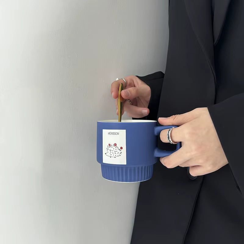 Wholesale Blue Hedgehog Ceramic Coffee Cups Ribbed Base Square Handle Porcelain Food Grade Mugs OEM Custom Logo Bulk Order Gift