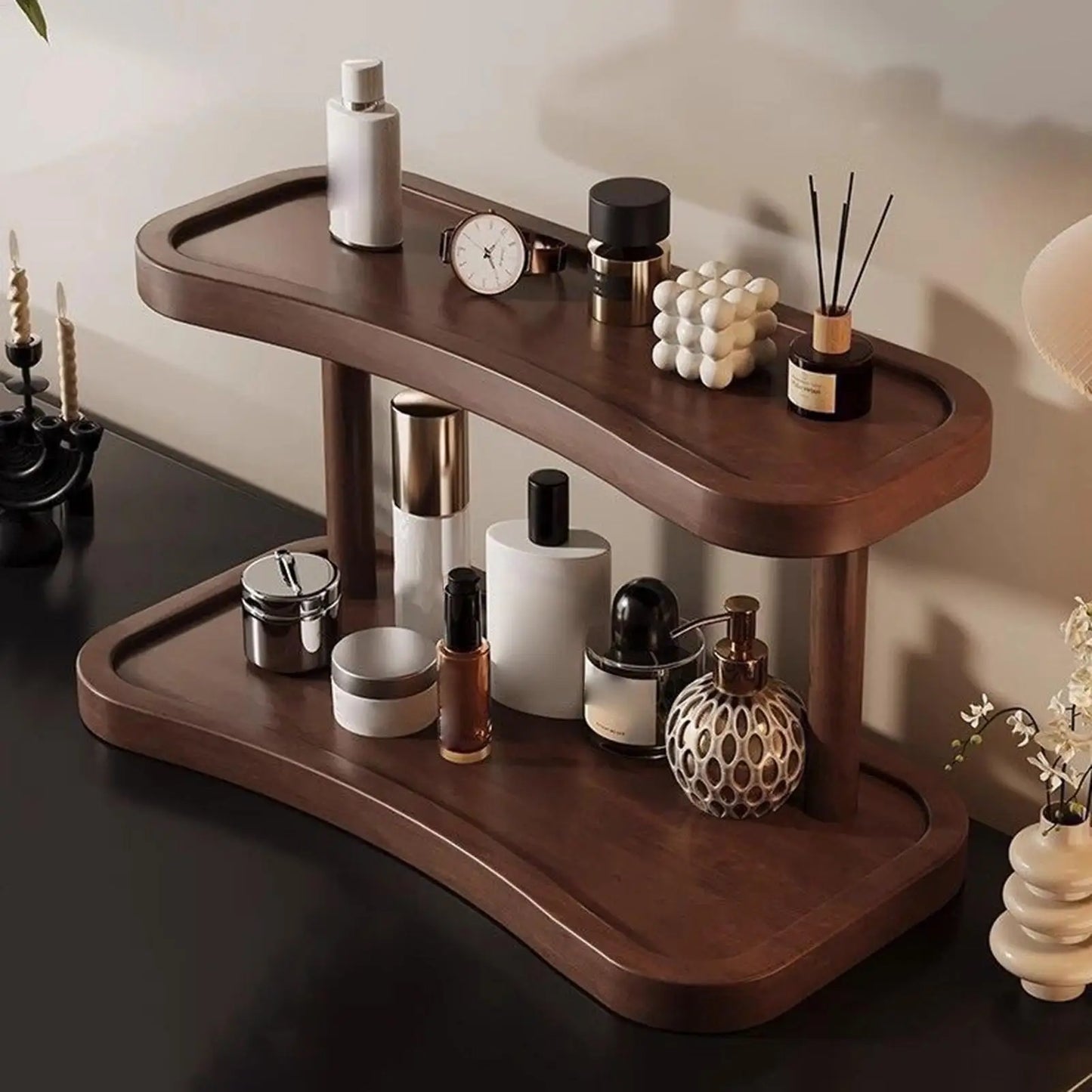 2-Tier Wooden Desktop Organizer for Cosmetics, Beverage Mugs, and Fragrance Display