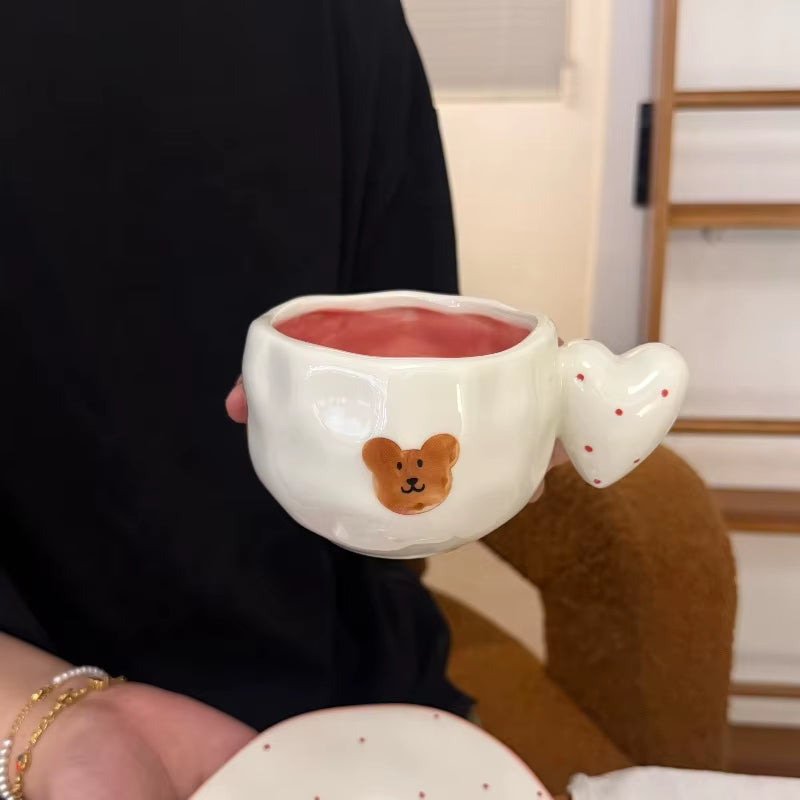 Ins Korean Style Hand-Painted Irregular Ceramic Coffee Cup Heart Shape Handle Latte Cup High-Value Breakfast Cupcake Tool