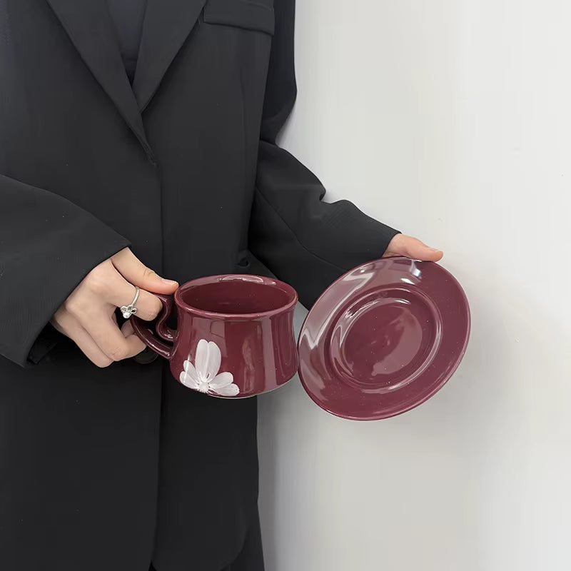 Bloomsip Nordic Burgundy Floral Porcelain Food Grade Coffee Mugs Saucer Set Gift Box Reusable Heart Handle Wholesale Custom Logo