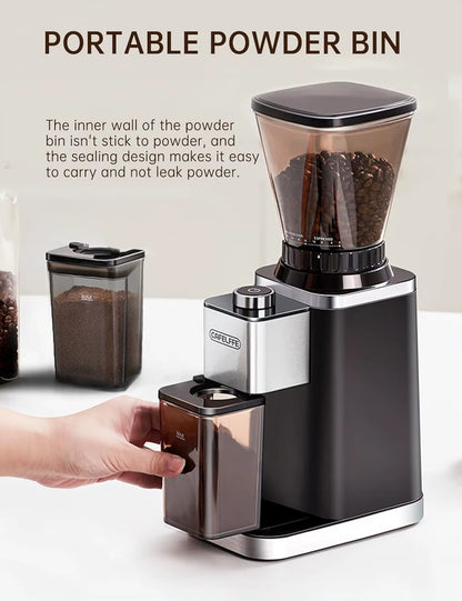 CAFELFFE Electric Coffee Grinder with Strainer Container, 48 Adjustable Grinding Settings, Antistatic Function, Durable Plastic and Metal Construction