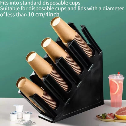 WOOJACK 4-Grid Slanted Cup Holder for Countertops - Versatile Dispenser and Lid Storage Rack for Coffee, Milk, and Tea Shops, Suitable for Home and Commercial Use
