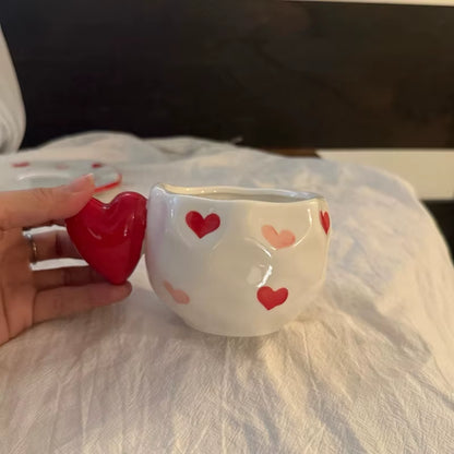 Ins Korean Style Hand-Painted Irregular Ceramic Coffee Cup Heart Shape Handle Latte Cup High-Value Breakfast Cupcake Tool